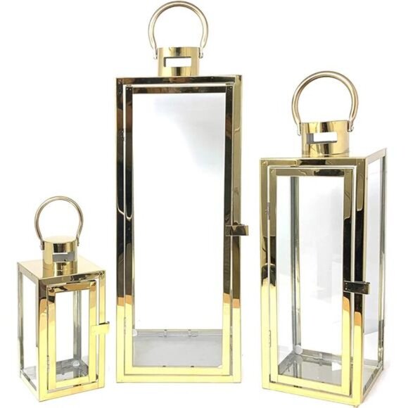 3-PC Lantern Set 23 Inch Jumbo Deluxe Modern Candle Lantern Set Stainless Steel - Picture 1 of 7